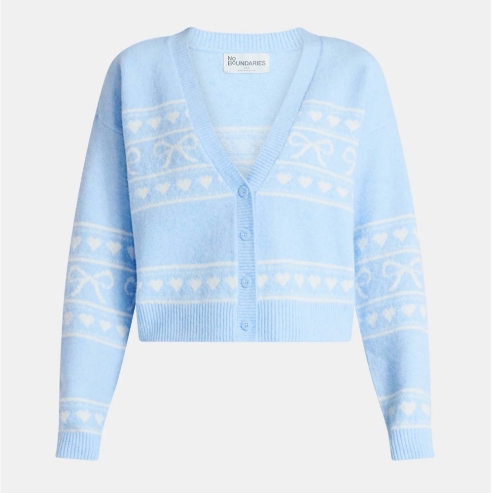 No Boundaries Women's Light Blue and White Cardigan